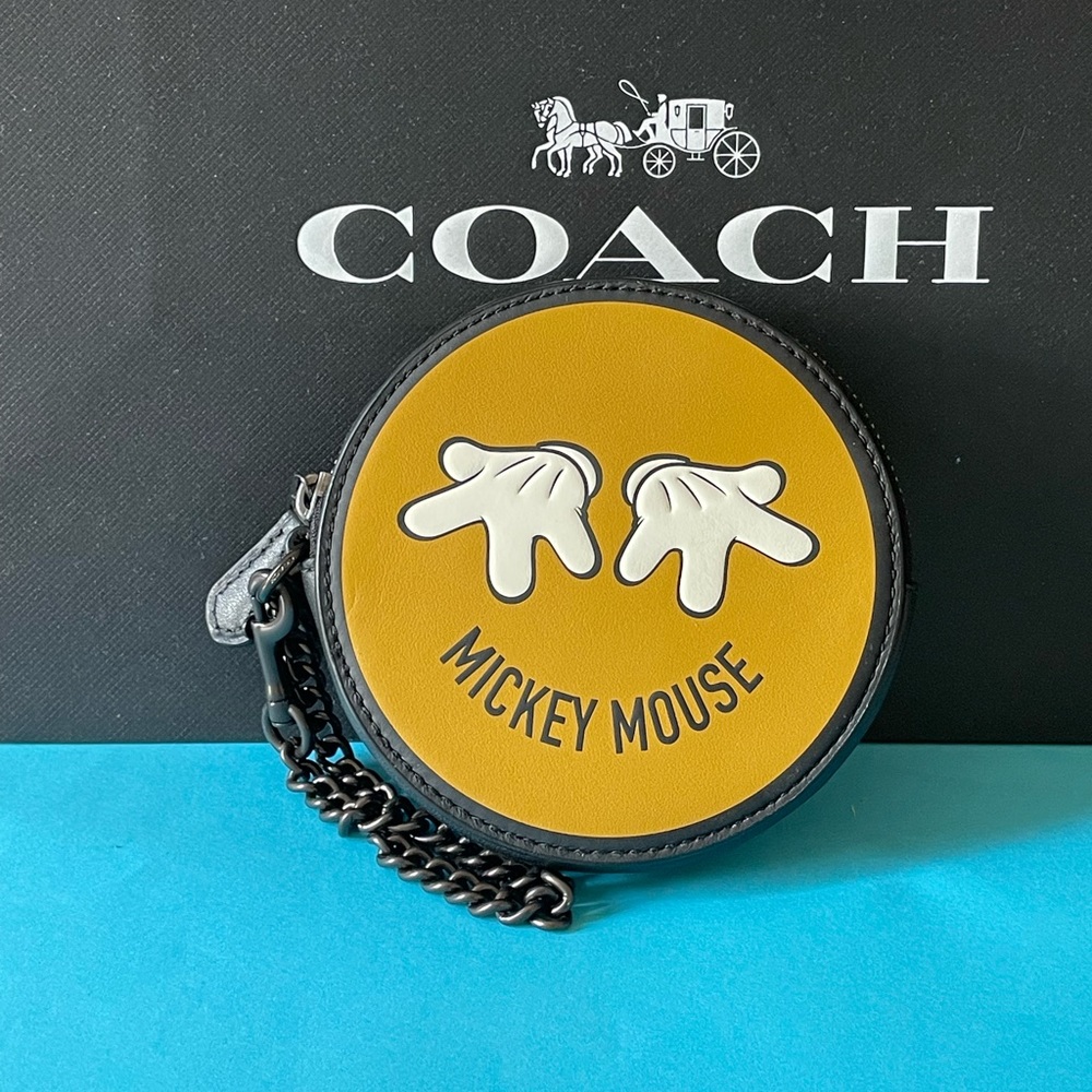 NWT Disney X Coach Round Coin Case With Mickey Mouse Pewter/Flax Leather